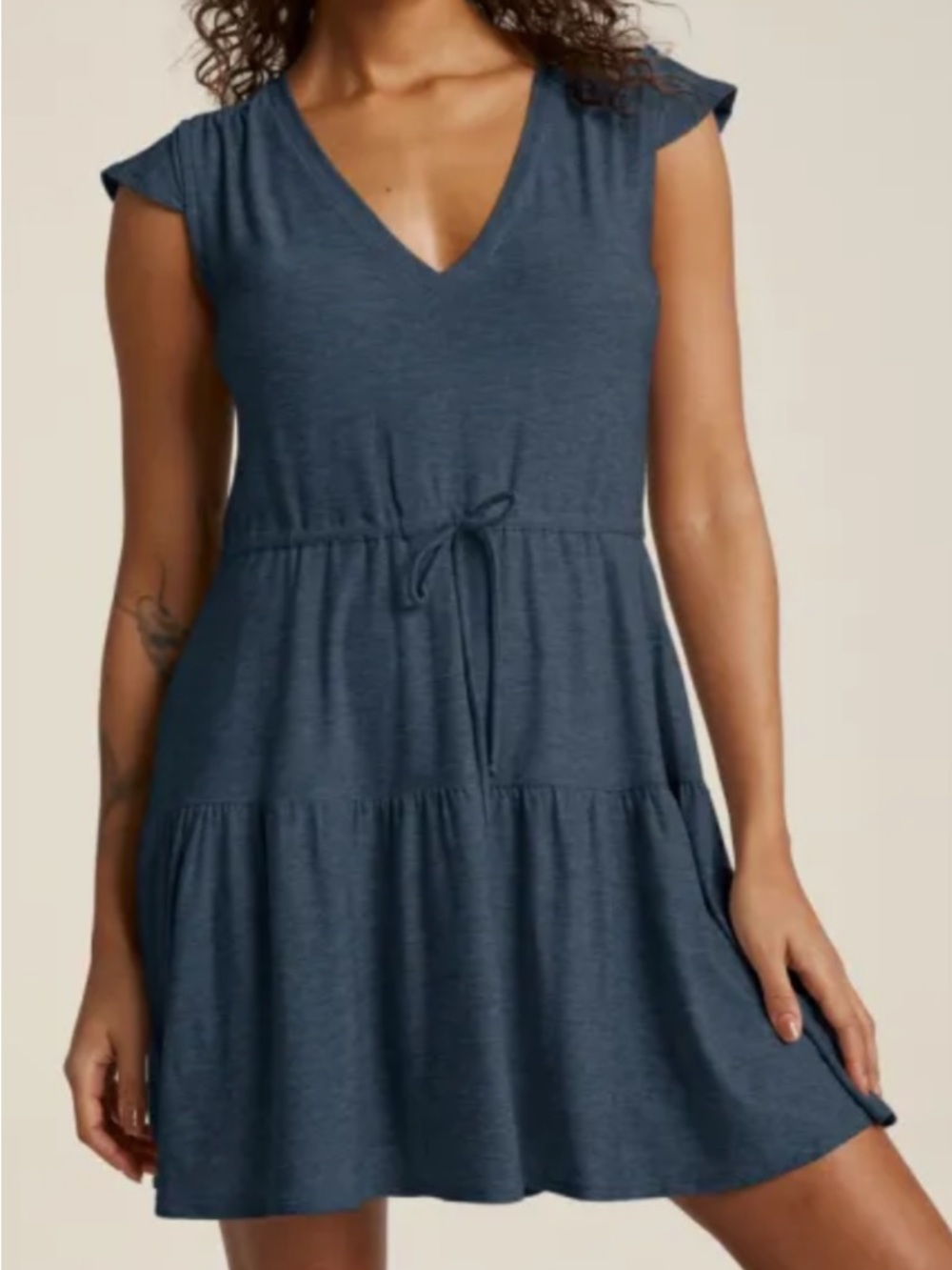 V-Neck Tiered Drawstring Mini Dress - Blue/teal